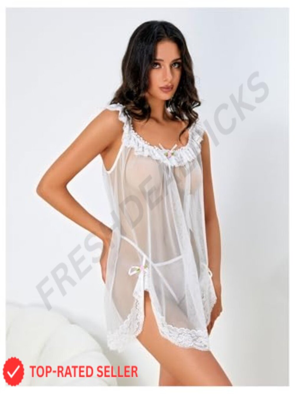 Sheer Lace Babydoll Dress & Thong 2-Piece Lingerie Set - Picture 2 of 4